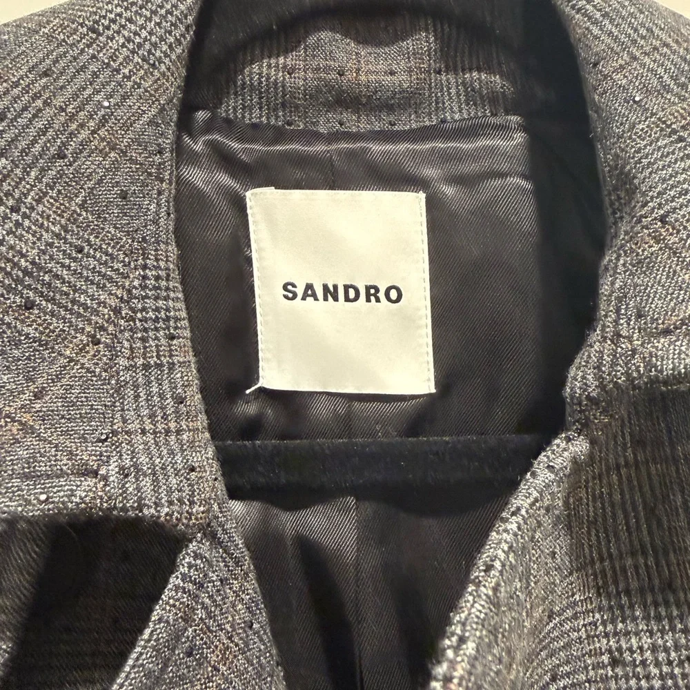 Sandro Checked Rhinestone-Embellished Trench Coat in Gray & Blue - Picture 7 of 9